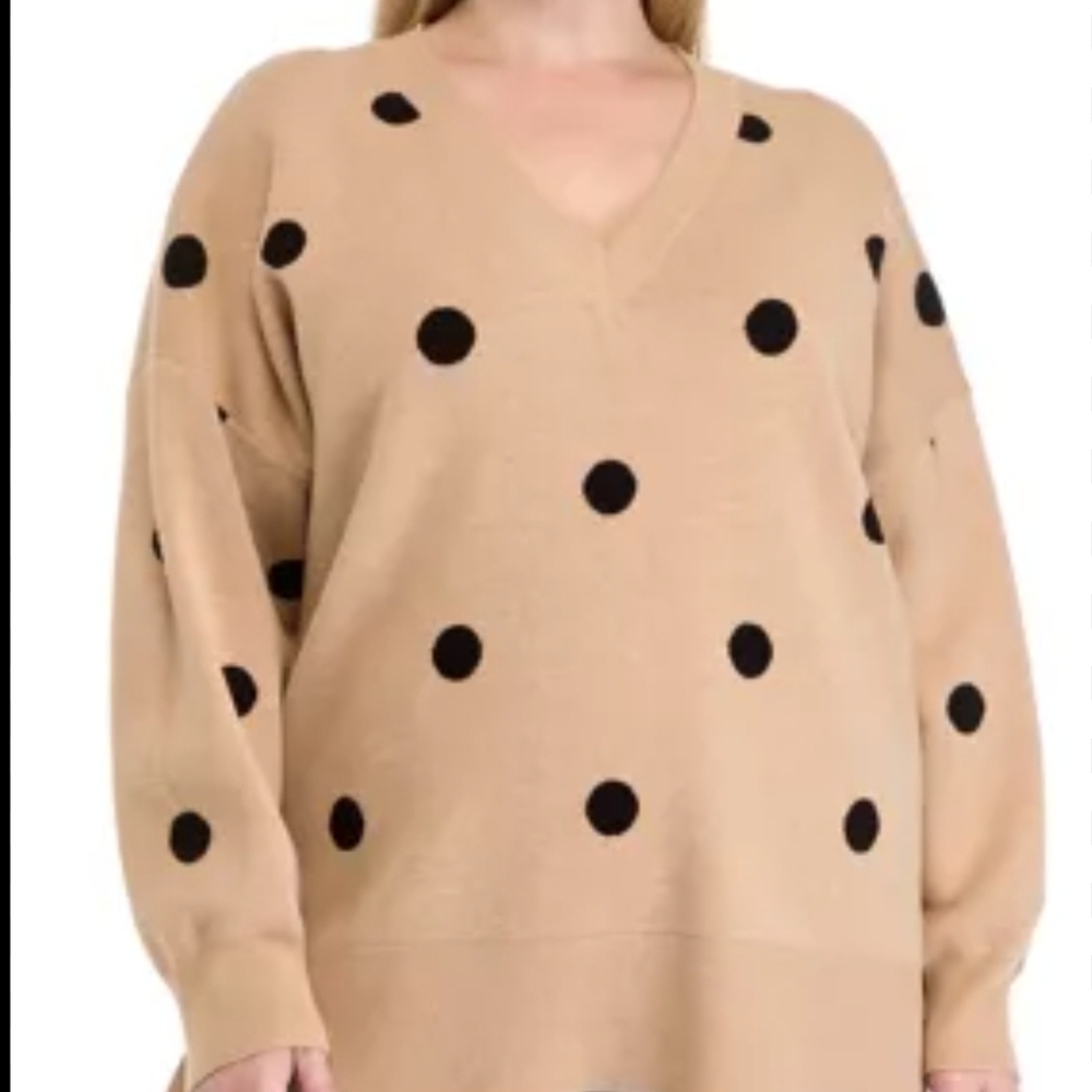 Women's Beige Black Polka Dot V-neck Sweater Side Slits Cozy Layering Size 1X